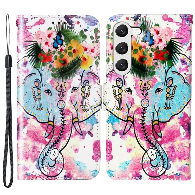 For Samsung Galaxy S25+ / S24+ Case Pattern Printing Folding Stand PU Leather Phone Cover - Flower Elephant