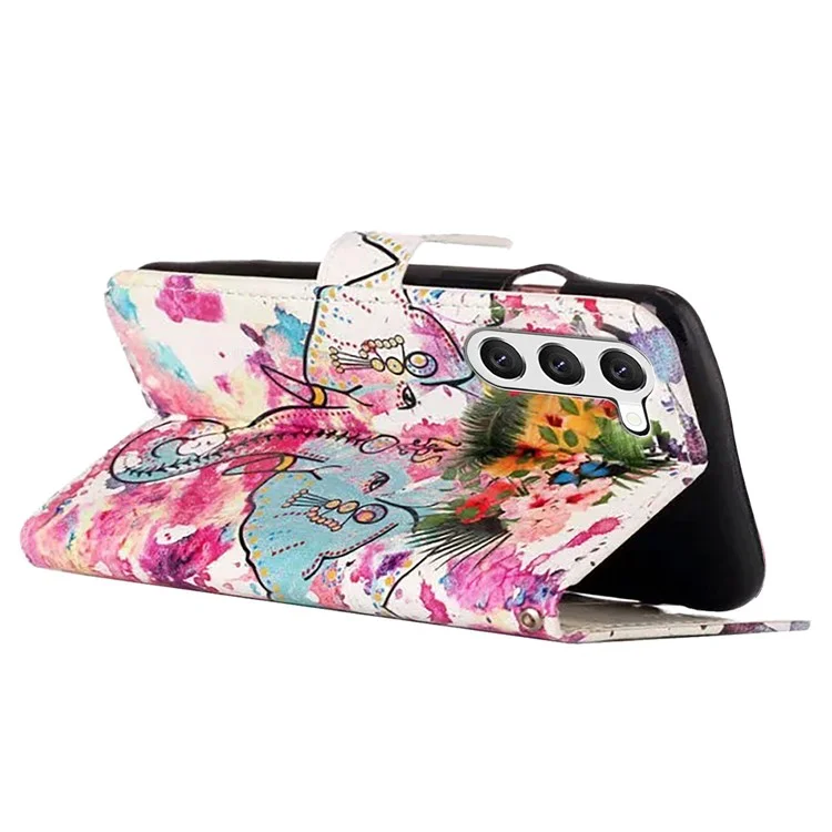 For Samsung Galaxy S25+ / S24+ Case Pattern Printing Folding Stand PU Leather Phone Cover - Flower Elephant