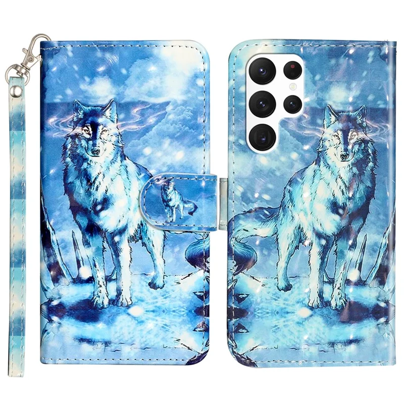 For Samsung Galaxy S24 Ultra Leather Cover Flip Stand 3D Pattern Printed Phone Case - Snow Wolf