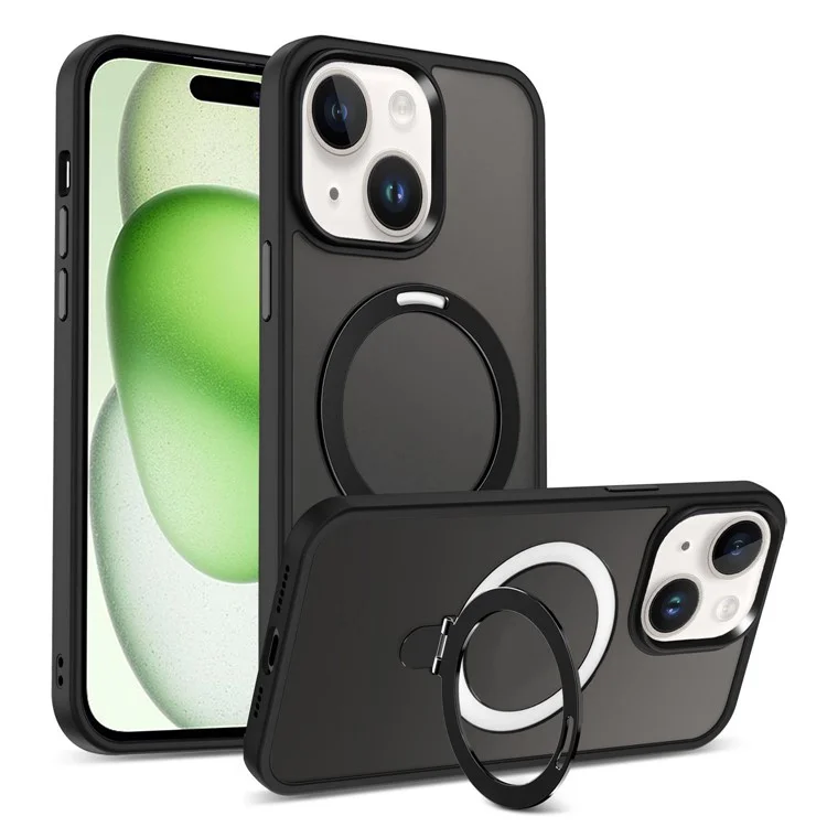 For iPhone 15 Case PC+TPU Shell Magnetic Phone Cover with Ring Kickstand - Black