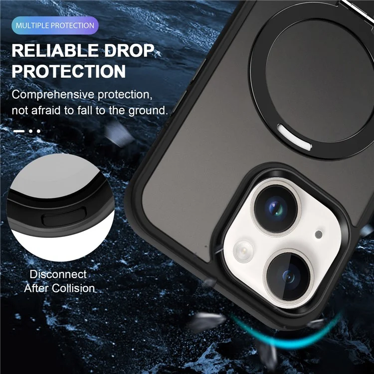 For iPhone 15 Case PC+TPU Shell Magnetic Phone Cover with Ring Kickstand - Black