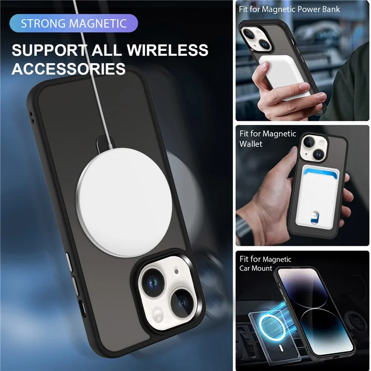 For iPhone 15 Case PC+TPU Shell Magnetic Phone Cover with Ring Kickstand - Black