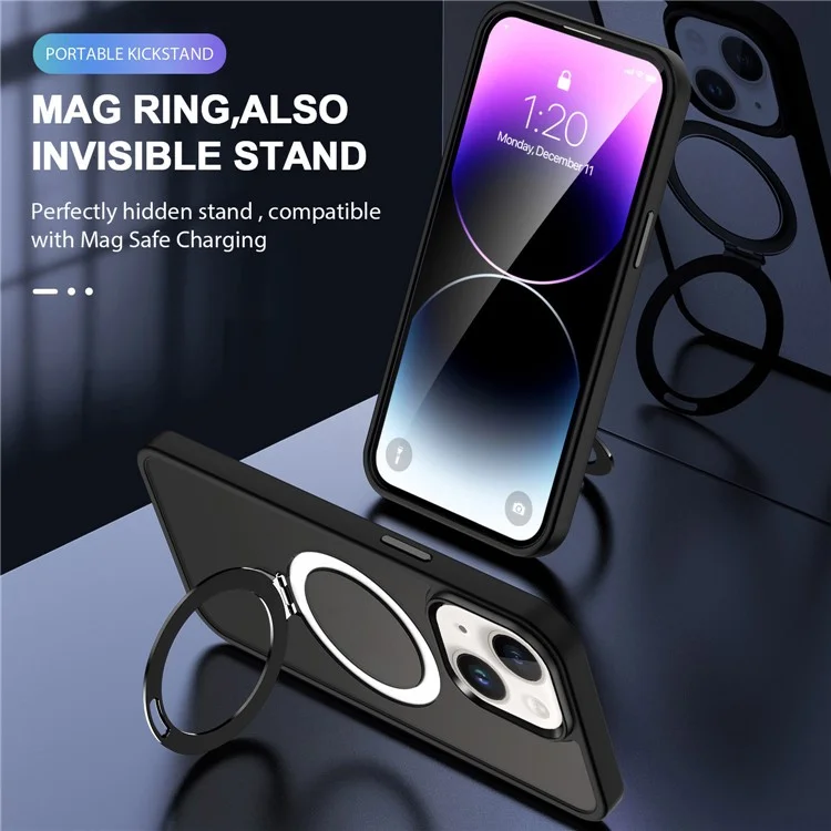For iPhone 15 Case PC+TPU Shell Magnetic Phone Cover with Ring Kickstand - Black