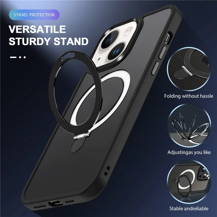 For iPhone 15 Case PC+TPU Shell Magnetic Phone Cover with Ring Kickstand - Black