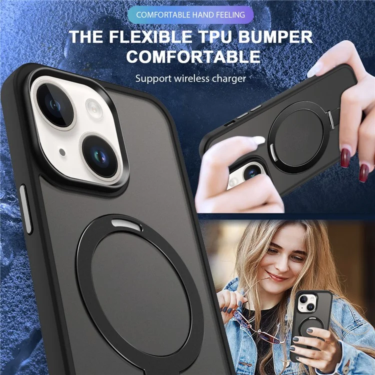 For iPhone 15 Case PC+TPU Shell Magnetic Phone Cover with Ring Kickstand - Black