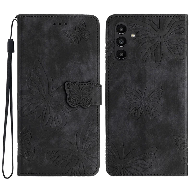 Para Samsung Galaxy A15 5G Capa Borboleta Impressa Capa de Telefone Celular de Couro com Alça - Preto