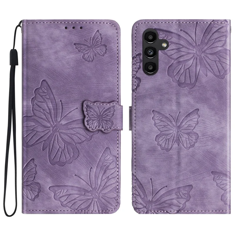 For Samsung Galaxy A15 5G Case Butterfly Imprinted Cell Phone Leather Cover with Strap - Purple