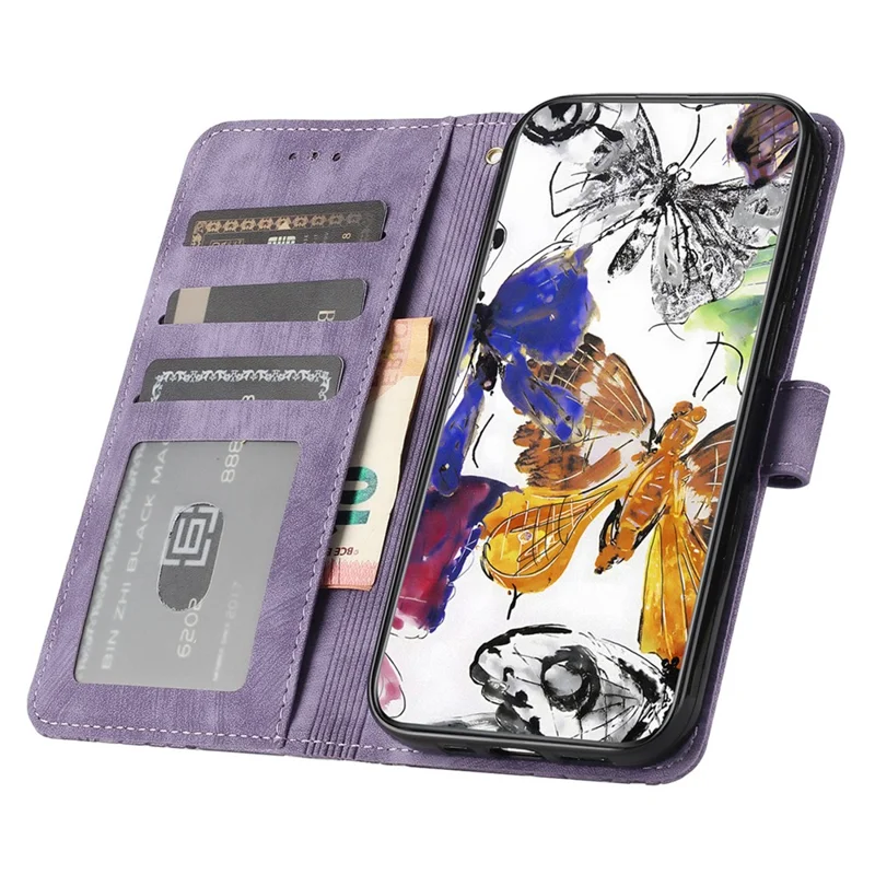 For Samsung Galaxy A15 5G Case Butterfly Imprinted Cell Phone Leather Cover with Strap - Purple