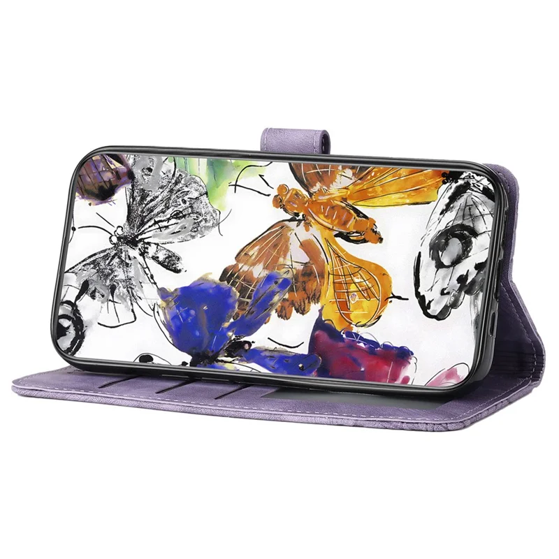 For Samsung Galaxy A15 5G Case Butterfly Imprinted Cell Phone Leather Cover with Strap - Purple