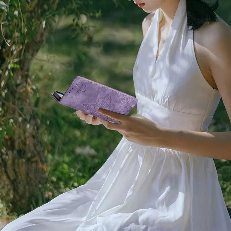 For Samsung Galaxy A15 5G Case Butterfly Imprinted Cell Phone Leather Cover with Strap - Purple