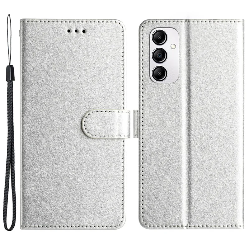 Phone Case for Samsung Galaxy A15 4G PU Leather Silk Texture Wallet Stand Cover with Strap - Silver
