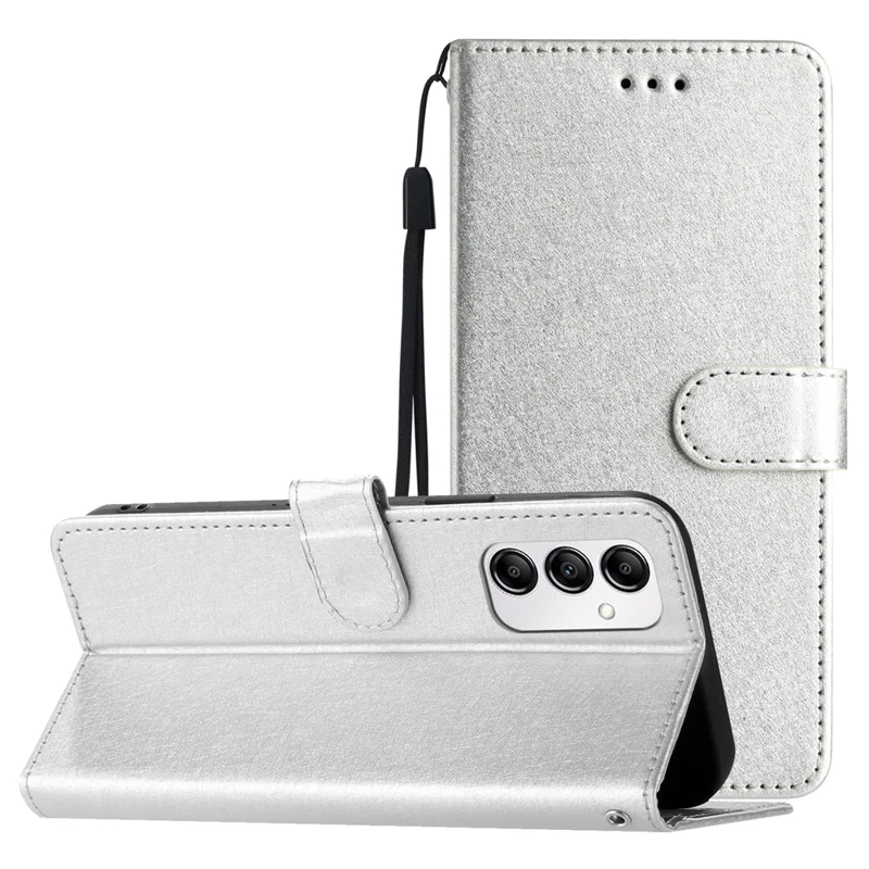 Phone Case for Samsung Galaxy A15 4G PU Leather Silk Texture Wallet Stand Cover with Strap - Silver