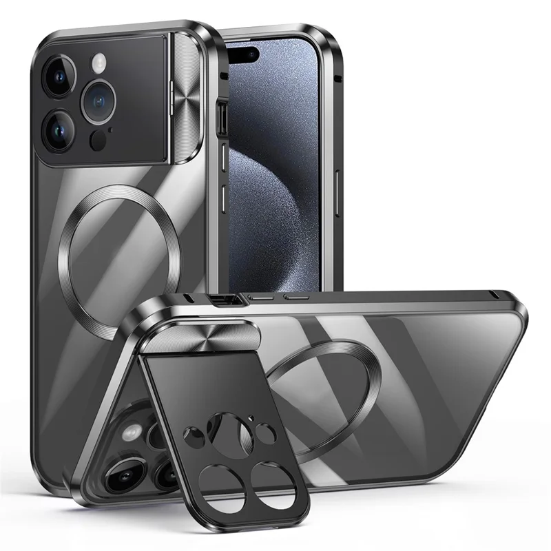 For iPhone 15 Pro Max Phone Case Compatible with MagSafe Tempered Glass+Aluminum Alloy+PC Cover - Black