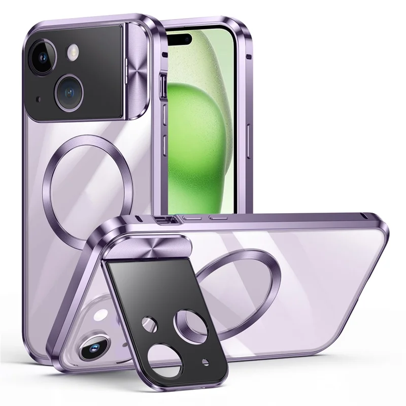 For iPhone 15 Case Tempered Glass+Aluminum Alloy+PC Kickstand Phone Cover Compatible with MagSafe - Purple