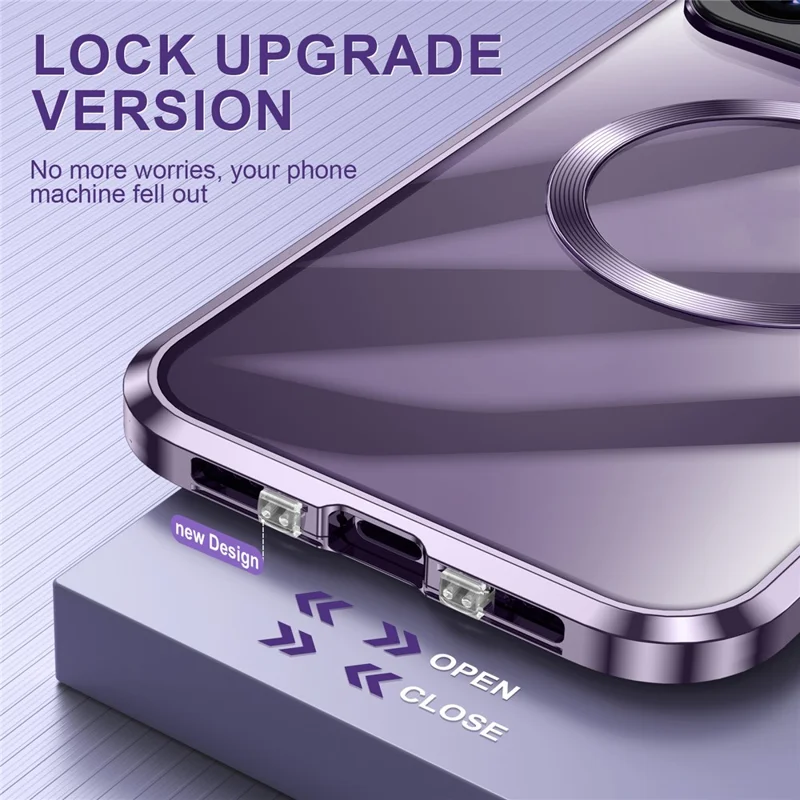For iPhone 15 Case Tempered Glass+Aluminum Alloy+PC Kickstand Phone Cover Compatible with MagSafe - Purple