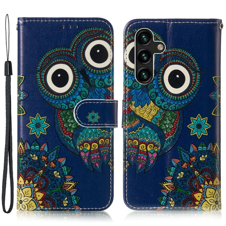 Per Samsung Galaxy A15 5G Cover Stand Wallet Pattern Printing Leather Wallet Phone Case - Blue Owl