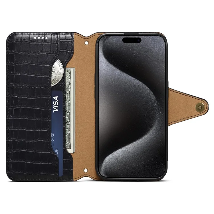 For iPhone 15 Pro Case Crocodile Texture Leather Wallet Stand Cover - Black