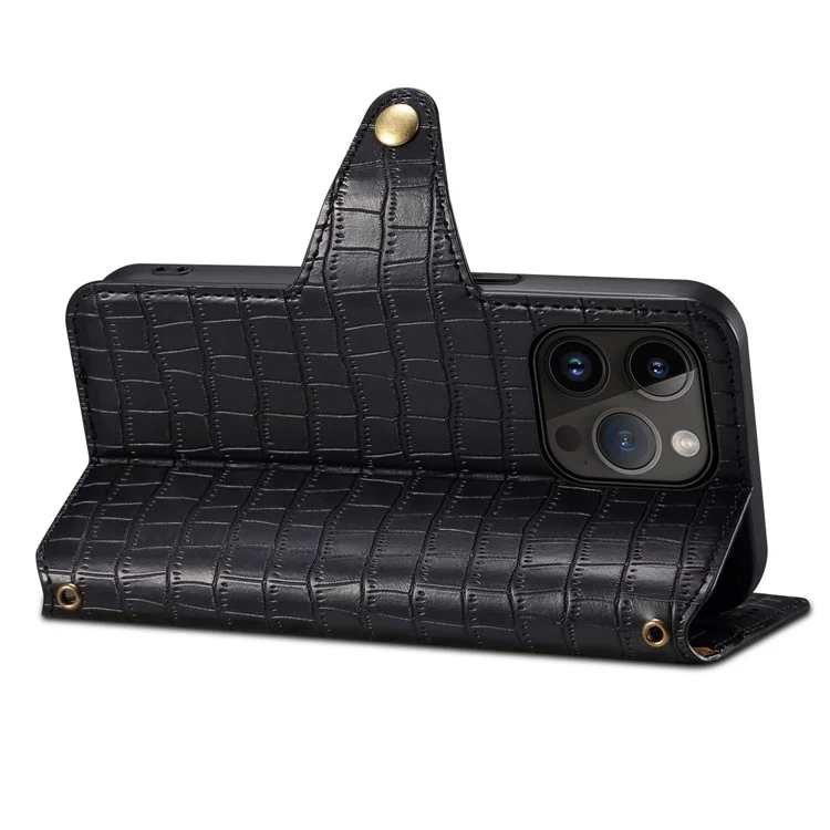 For iPhone 15 Pro Case Crocodile Texture Leather Wallet Stand Cover - Black