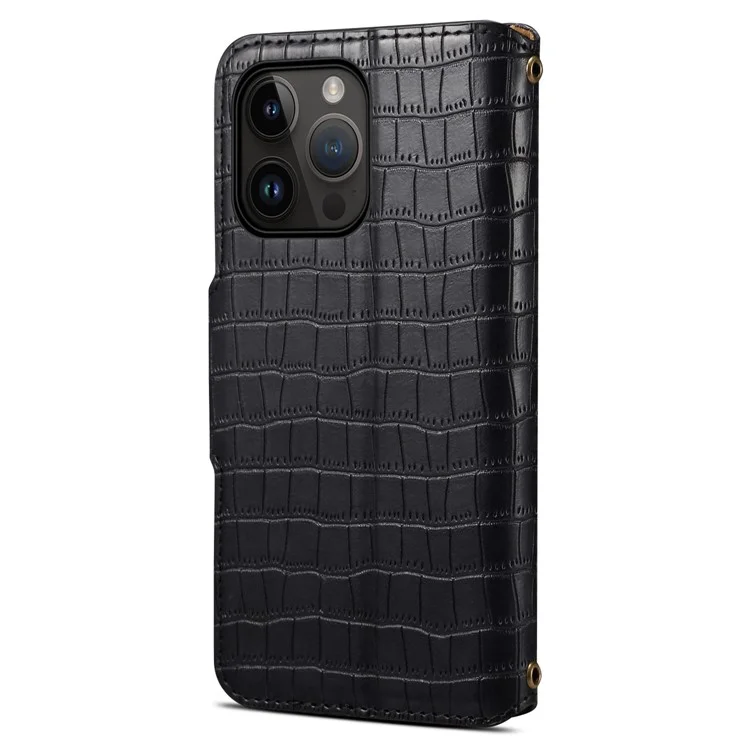 For iPhone 15 Pro Case Crocodile Texture Leather Wallet Stand Cover - Black
