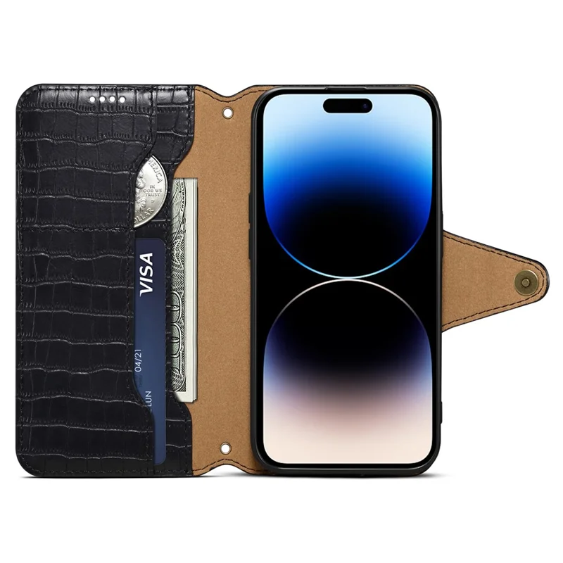 For iPhone 14 Pro Max Case Crocodile Texture Phone Cover with Wallet Stand - Black