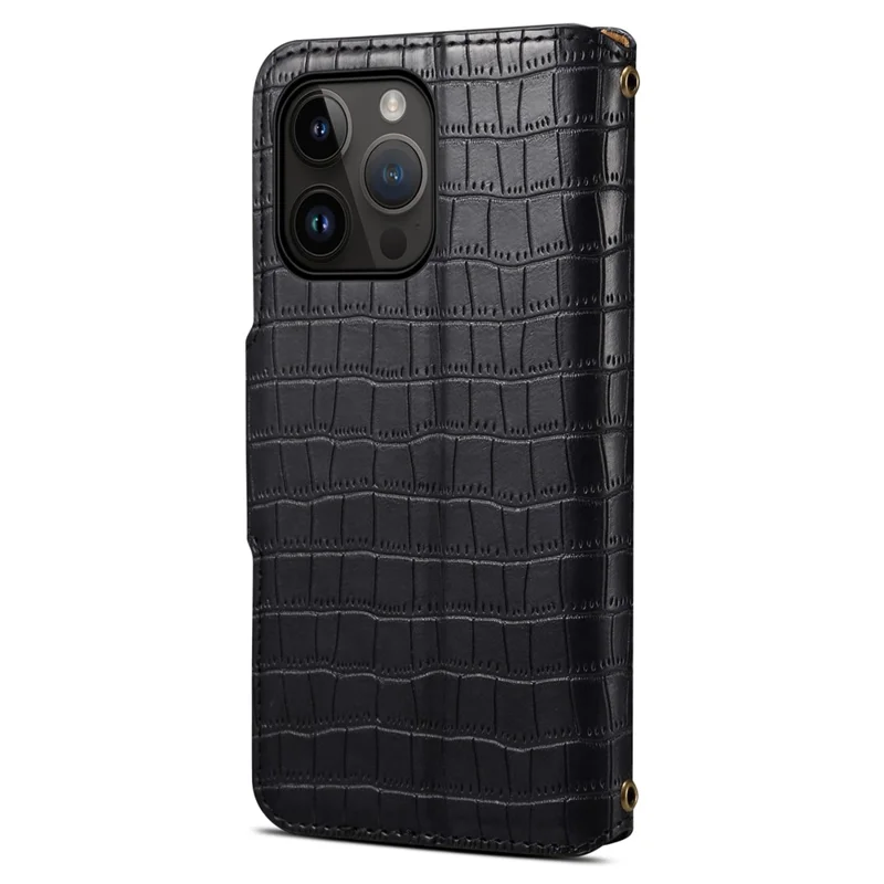 For iPhone 14 Pro Max Case Crocodile Texture Phone Cover with Wallet Stand - Black