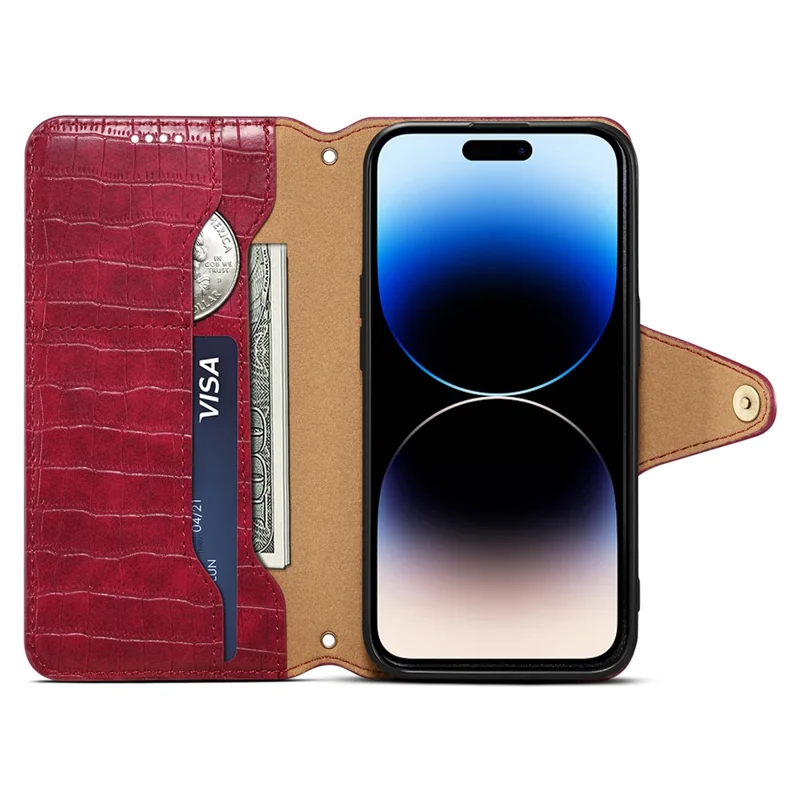 For iPhone 14 Pro Max Case Crocodile Texture Phone Cover with Wallet Stand - Red