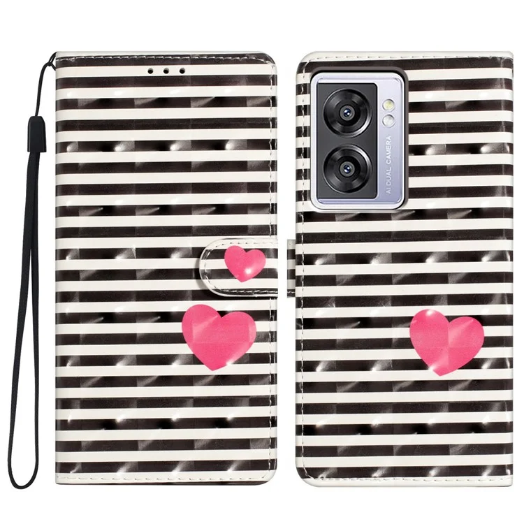 Per Oppo A57 4G / A57 (2022) 5G / A77 5G Custodia 3D Pattern Stampa Custodia in Pelle per Telefono - Strisce / Cuore