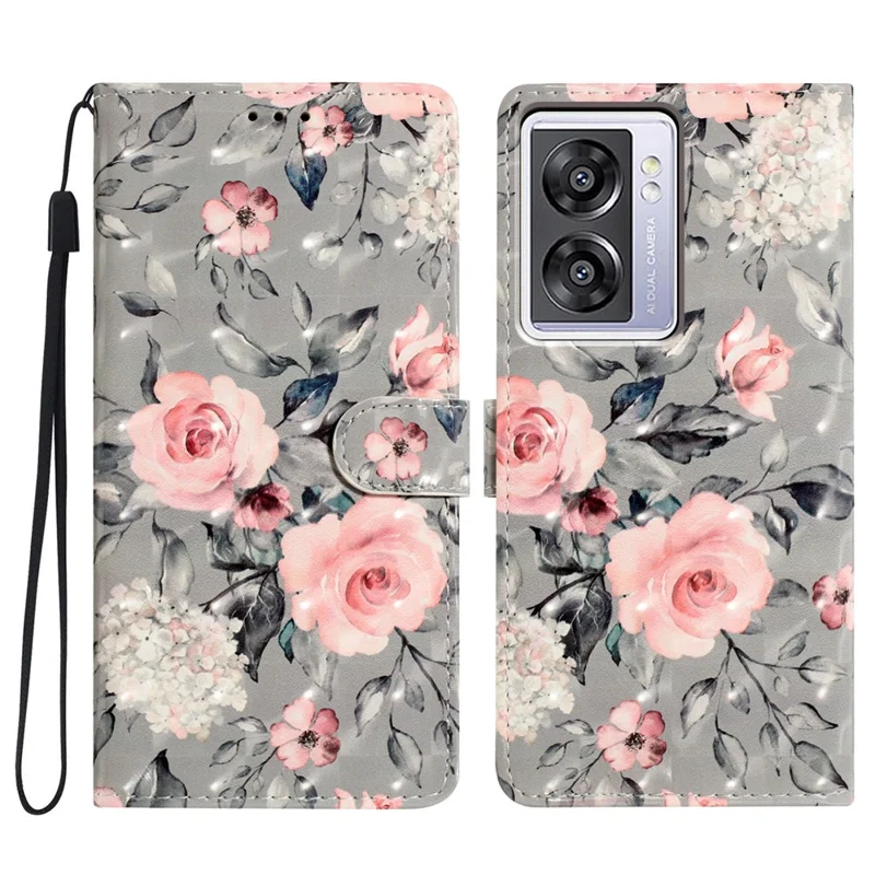 For Oppo A57 4G / A57 (2022) 5G / A77 5G Case 3D Pattern Printing Phone Leather Cover - Flowers