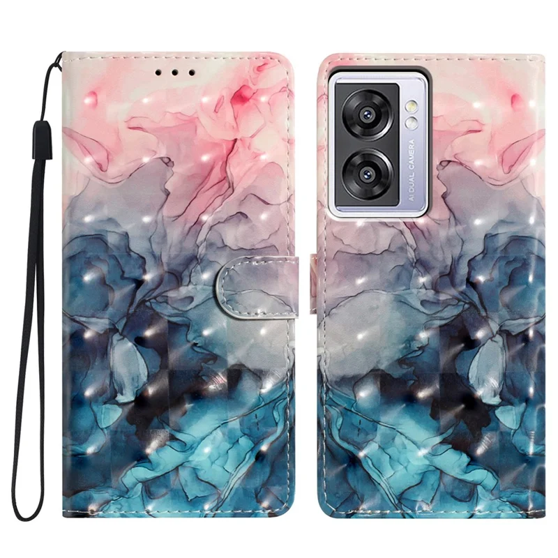 For Oppo A57 4G / A57 (2022) 5G / A77 5G Case 3D Pattern Printing Phone Leather Cover - Pink Blue Marble