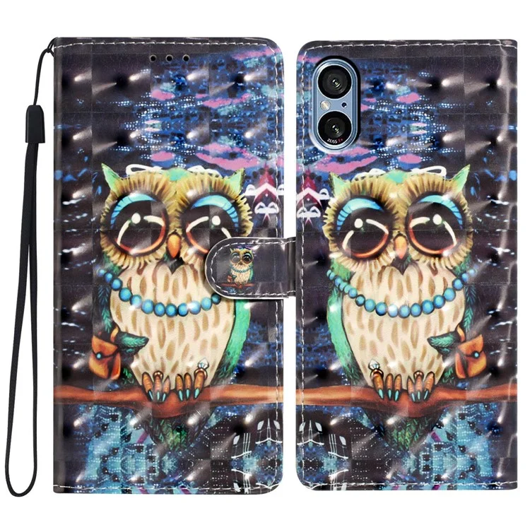 For Sony Xperia 5 V Leather Case Wallet Phone Cover with 3D Pattern Printing - Owl