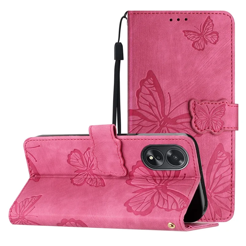 For Oppo A38 4G / A18 4G Cover Butterfly Imprinted Leather Skin-touch Phone Wallet Case - Rose