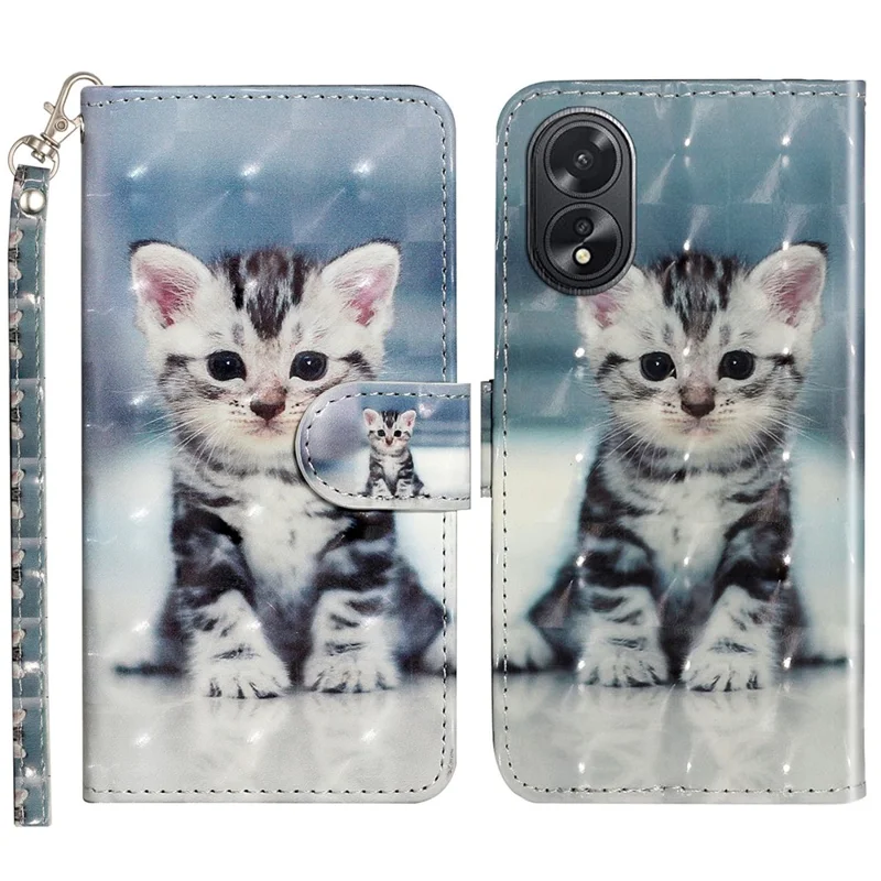 For Oppo A38 4G / A18 4G Cover 3D Pattern Print Leather Wallet Phone Case - Cat