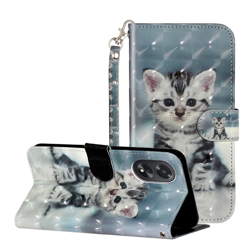 For Oppo A38 4G / A18 4G Cover 3D Pattern Print Leather Wallet Phone Case - Cat