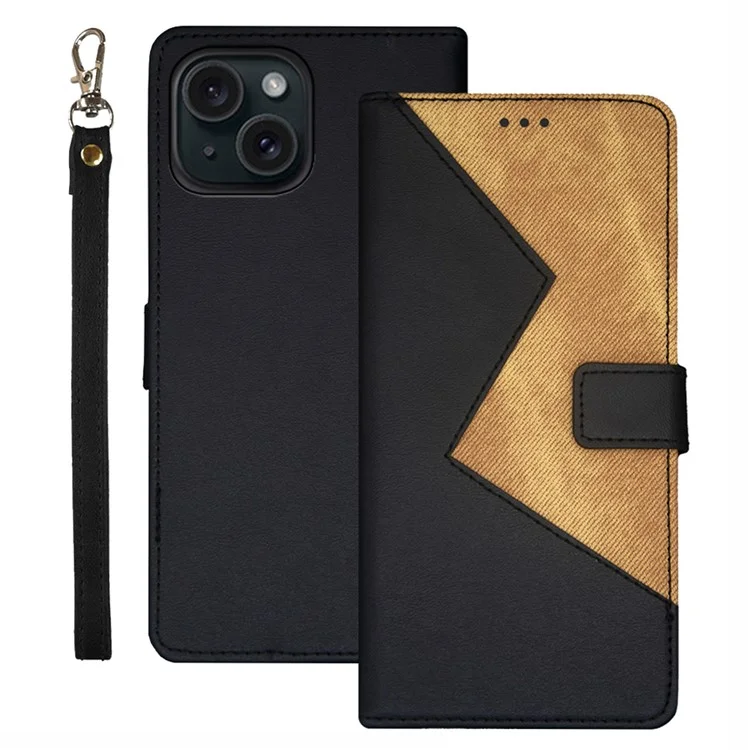 IDEWEI Para Capa de iPhone 15 Plus Splicing Color Leather Phone Cover com Slots para Cartões - Preto