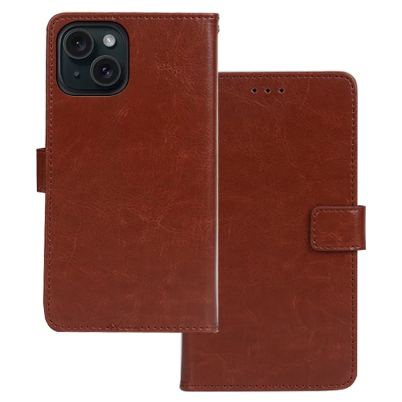 IDEWEI For iPhone 15 Case Crazy Horse Texture Leather Stand Phone Cover with Wallet - Brown