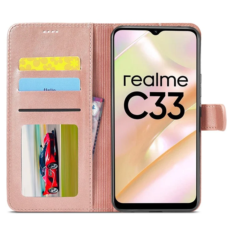 LC.IMEEKE For Realme C33 4G / C33 2023 4G Case Calf Texture PU Leather Wallet Cover - Rose Gold