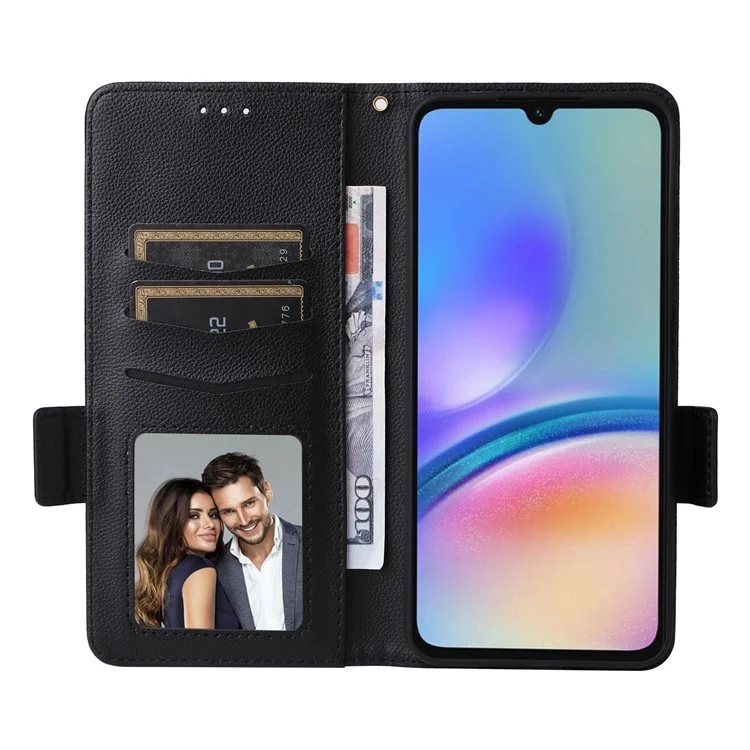 Für Samsung Galaxy A05s 4G / M14 4G Hülle Litchi-Textur Wallet Leder Handyhülle mit Trageriemen - Schwarz