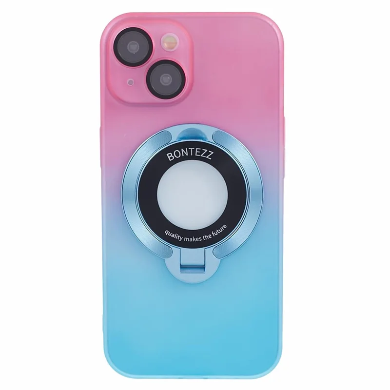 VOERO For iPhone 14 Case Kickstand Hard PC Phone Cover with Lens Film - Pink / Blue