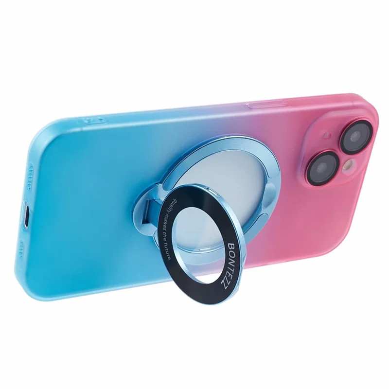 VOERO For iPhone 14 Case Kickstand Hard PC Phone Cover with Lens Film - Pink / Blue