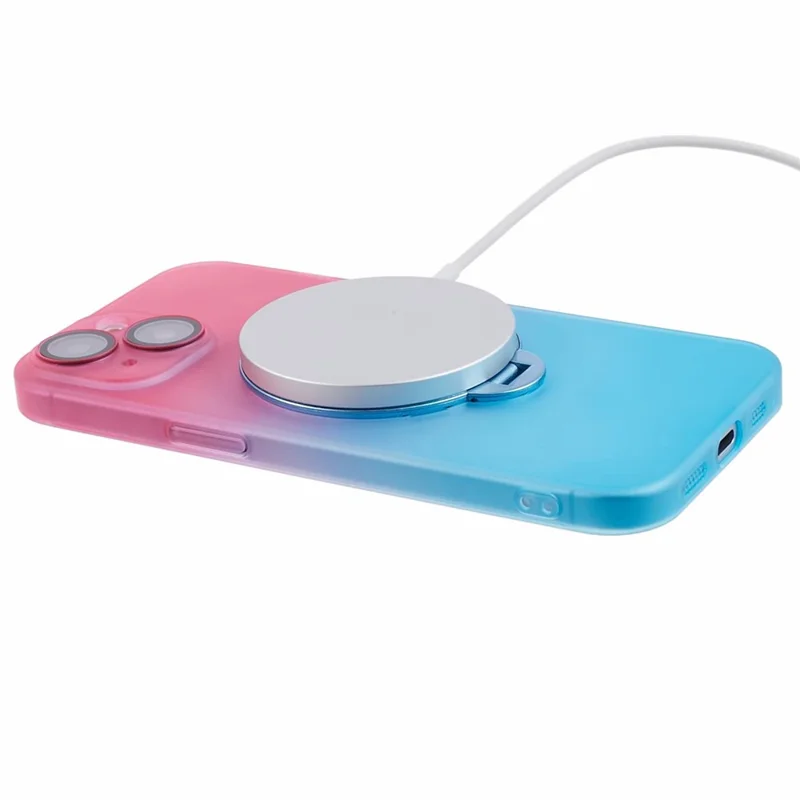 VOERO For iPhone 14 Case Kickstand Hard PC Phone Cover with Lens Film - Pink / Blue