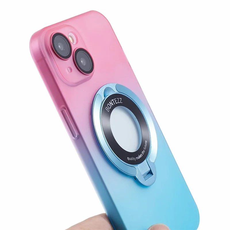 VOERO For iPhone 14 Case Kickstand Hard PC Phone Cover with Lens Film - Pink / Blue