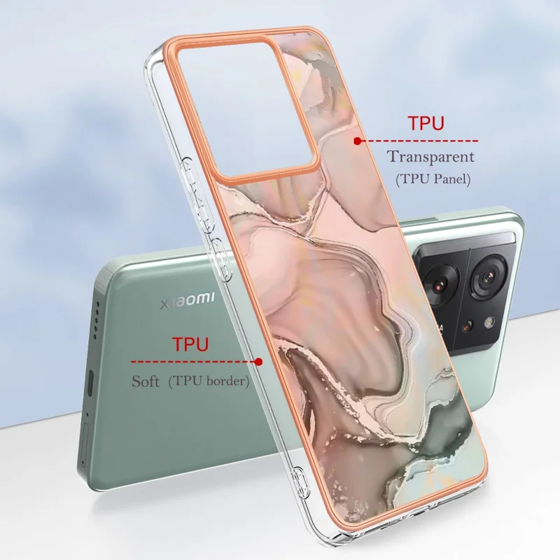 YB IMD Series-16 Style-E For Xiaomi 13T / 13T Pro / Redmi K60 Ultra TPU Case 2.0mm IMD Marble Pattern Phone Cover - Pink