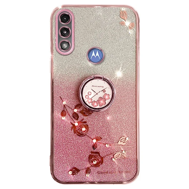 KADEM For Motorola Moto E7 Power Case Glitter Flower Pattern TPU Phone Cover with Kickstand - Rose Gold