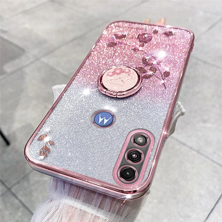 KADEM For Motorola Moto E7 Power Case Glitter Flower Pattern TPU Phone Cover with Kickstand - Rose Gold