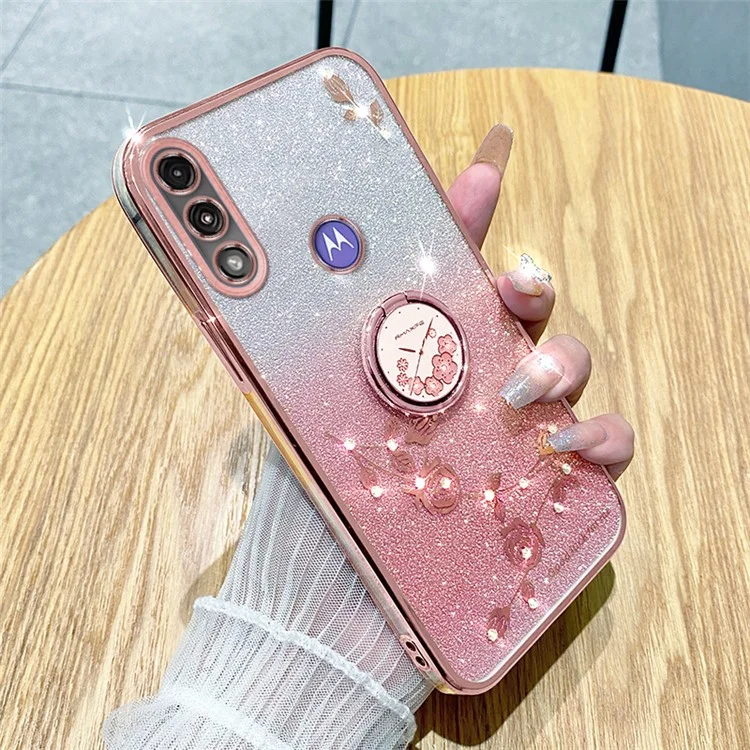 KADEM For Motorola Moto E7 Power Case Glitter Flower Pattern TPU Phone Cover with Kickstand - Rose Gold