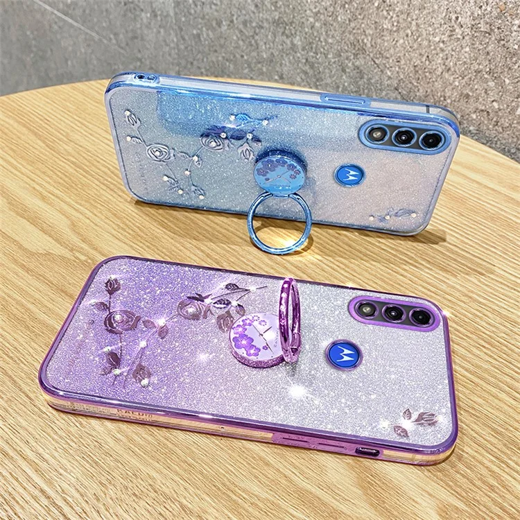 KADEM For Motorola Moto E7 Power Case Glitter Flower Pattern TPU Phone Cover with Kickstand - Rose Gold