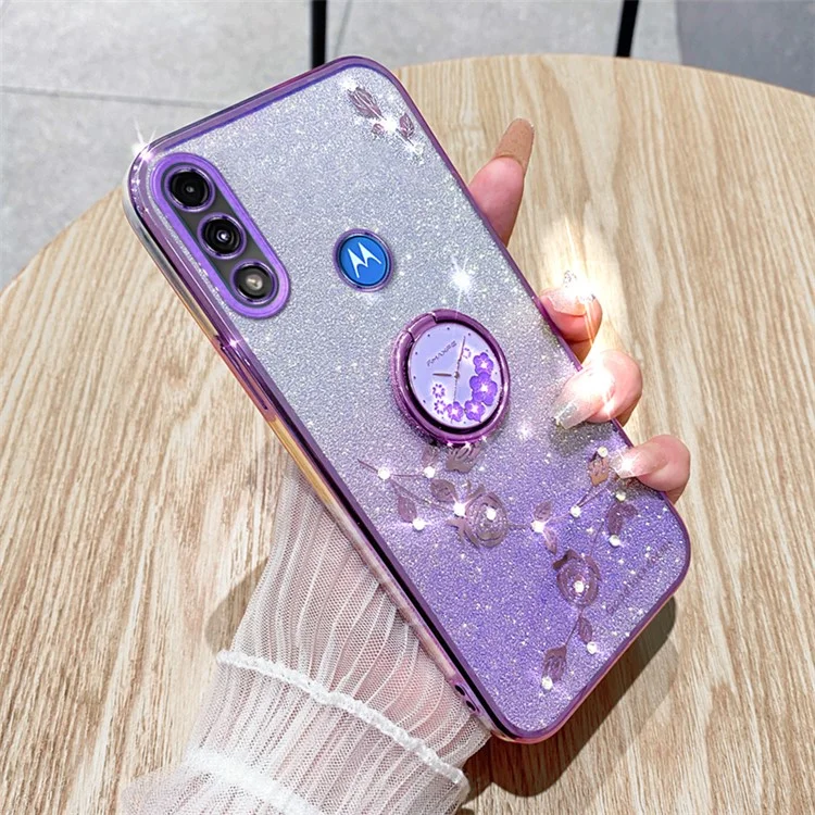 KADEM For Motorola Moto E7 Power Case Glitter Flower Pattern TPU Phone Cover with Kickstand  - Purple