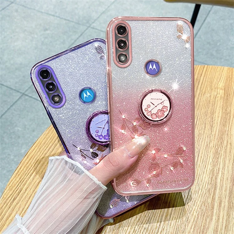 KADEM For Motorola Moto E7 Power Case Glitter Flower Pattern TPU Phone Cover with Kickstand  - Purple