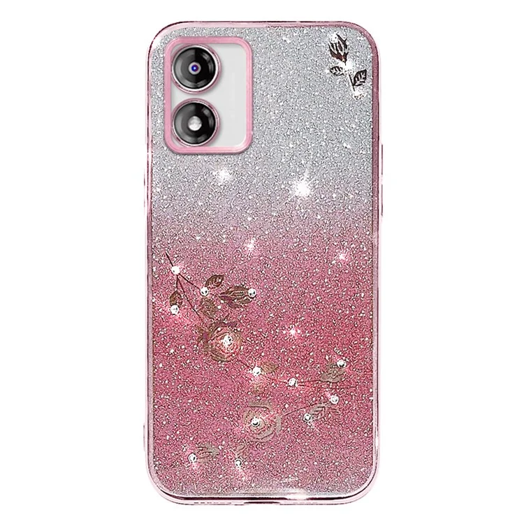 KADEM Para Motorola Moto E13 4G Caso TPU Padrão de Flor Glitter Capa de Telefone com Alça - Rose Gold