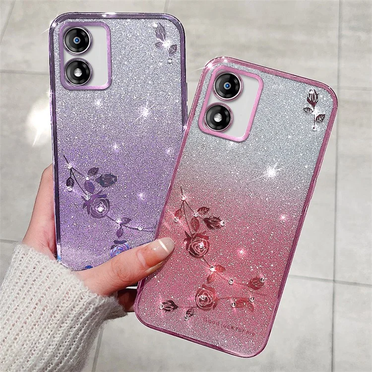 KADEM Para Motorola Moto E13 4G Caso TPU Padrão de Flor Glitter Capa de Telefone com Alça - Rose Gold